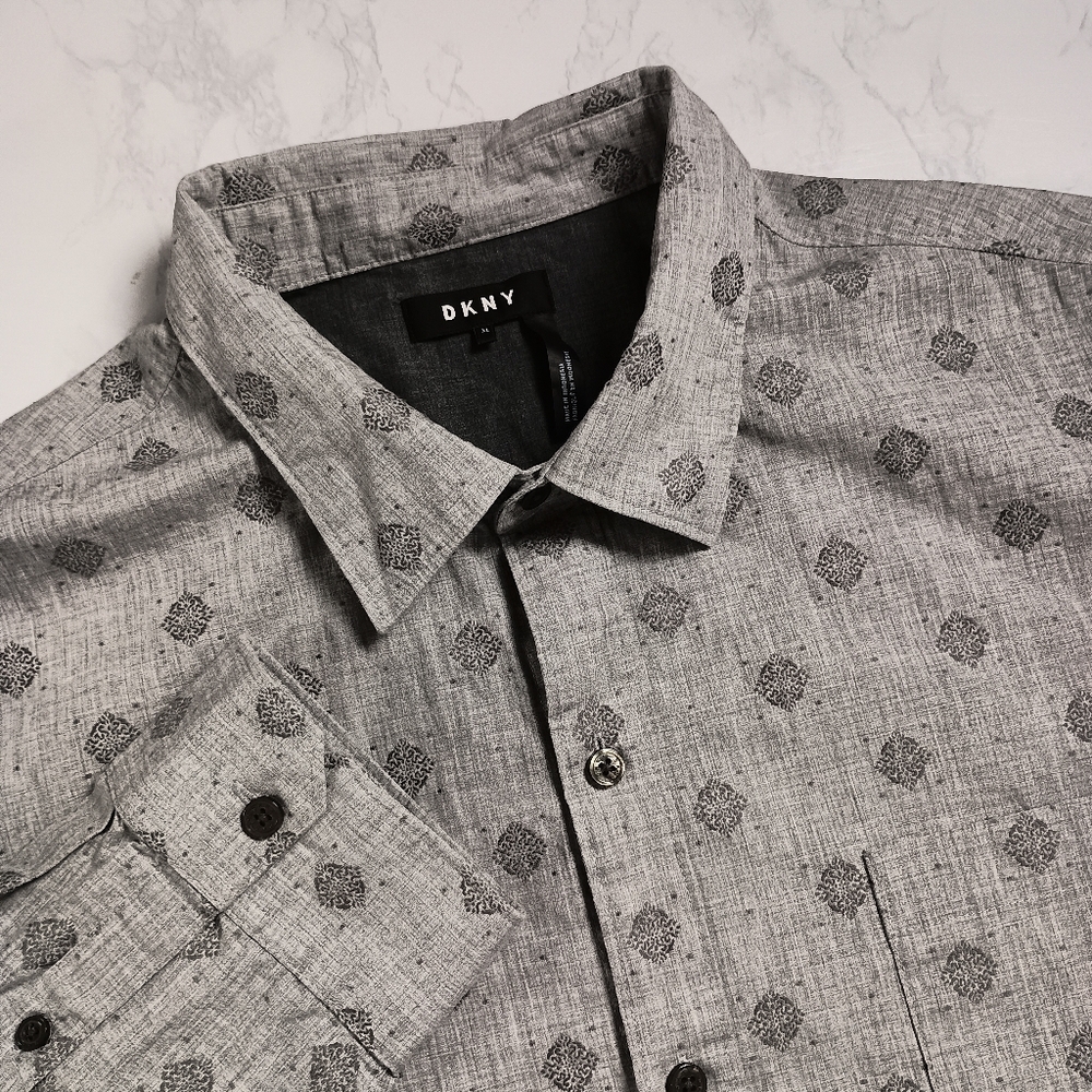 DKNY Gray Geometric Embroidered Cotton Men's‎ XL Long Sleeve Button-Up Shirt